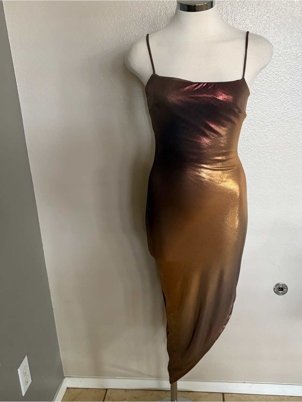 Lovely Day Metallic Bronze-Gold Asymmetrical Slip Dress - Picture 9 of 11